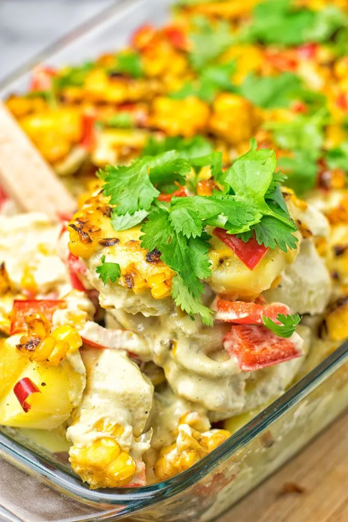 Showing the creamy layers of the Mexican Street Corn Potato Casserole .