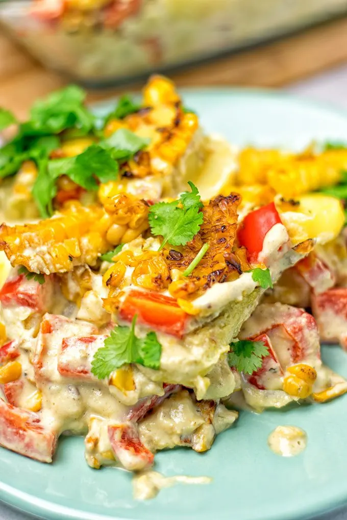  A portion of the Mexican Street Corn Potato Casserole on a plate