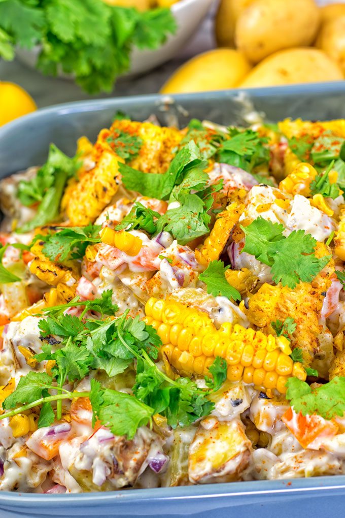 Closeup on the corn in the salad.