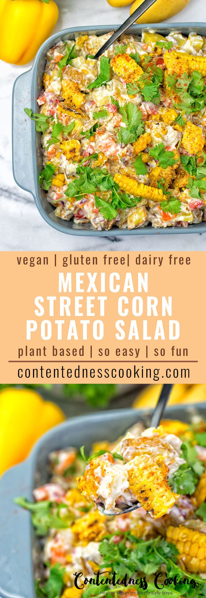 Two pictures of the Mexican Street Corn Salad with recipe title text.