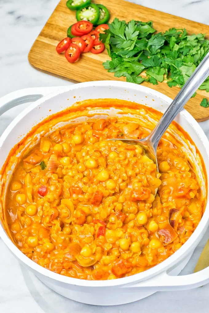 The Moroccan Chickpea Lentil Soup in a large white pot