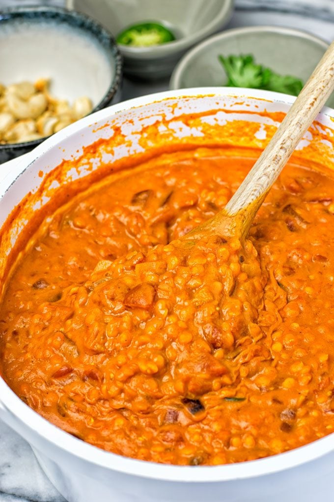 One Pot Red Lentil Dal in a large white pot.