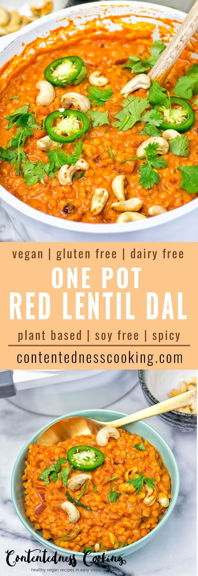Collage of two pictures of the One Pot Red Lentil Dal with recipe title text.