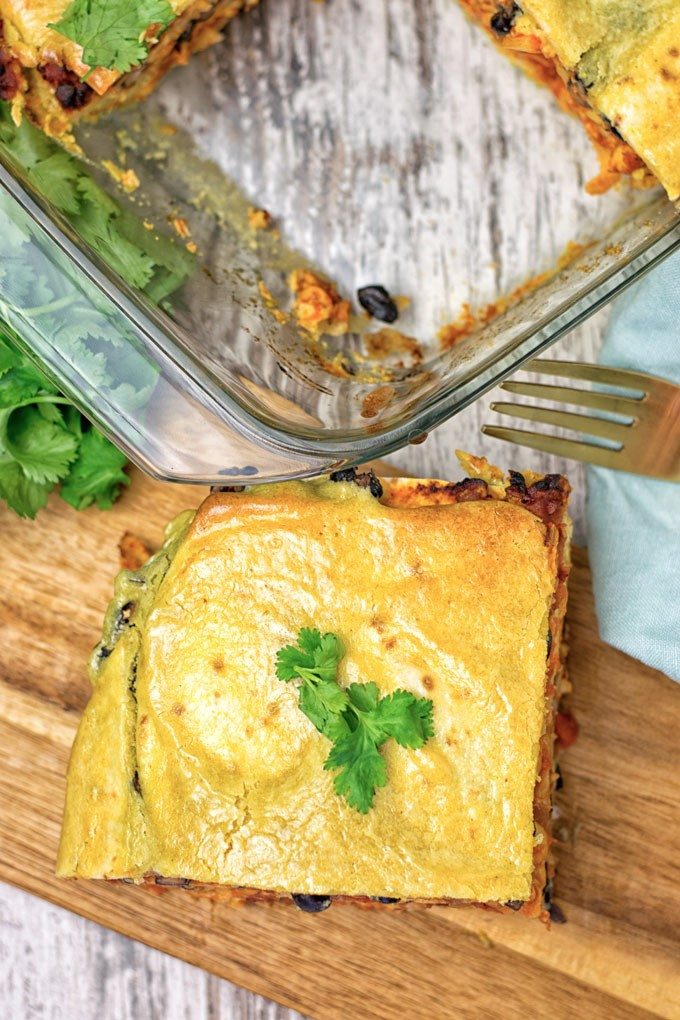 Top view on a piece of the Easy Vegan Taco Lasagna.