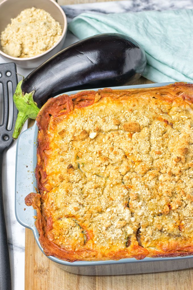 Eggplant Parmesan Zucchini Casserole coming out of the oven.