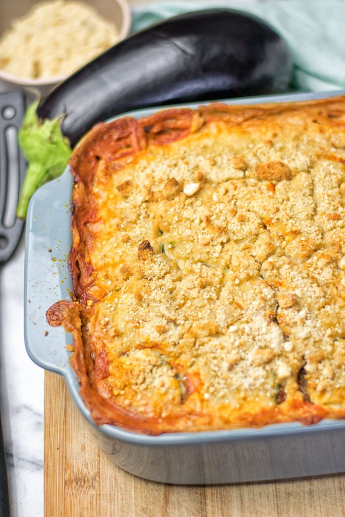 Showing the crust of the Eggplant Parmesan Zucchini Casserole