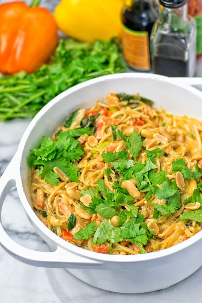 One Pot Pad Thai Noodles garnished with fresh cilantro.