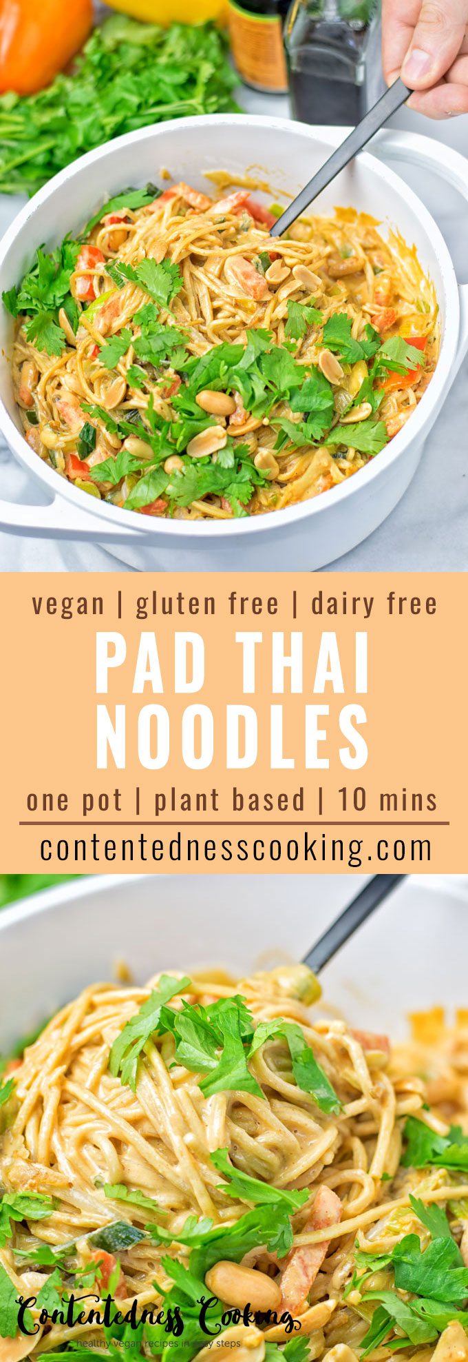 Collage of two pictures of the One Pot Pad Thai Noodles with recipe title text.