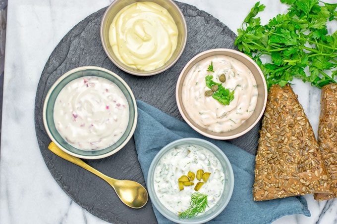 Vegan Tartar Sauce in four small bowls.