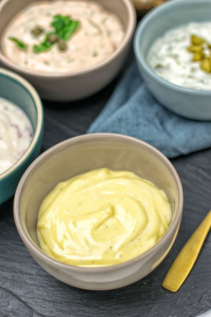 Mustard flavored vegan Tartar Sauce in a small bowl.