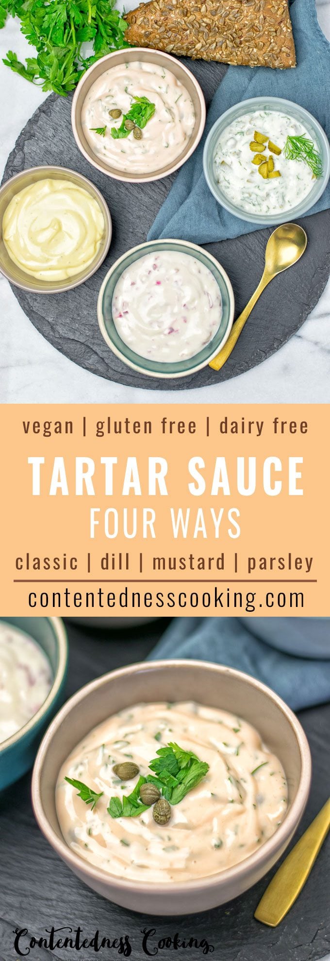 Collage of two pictures of the Vegan Tartar Sauce with recipe title text.