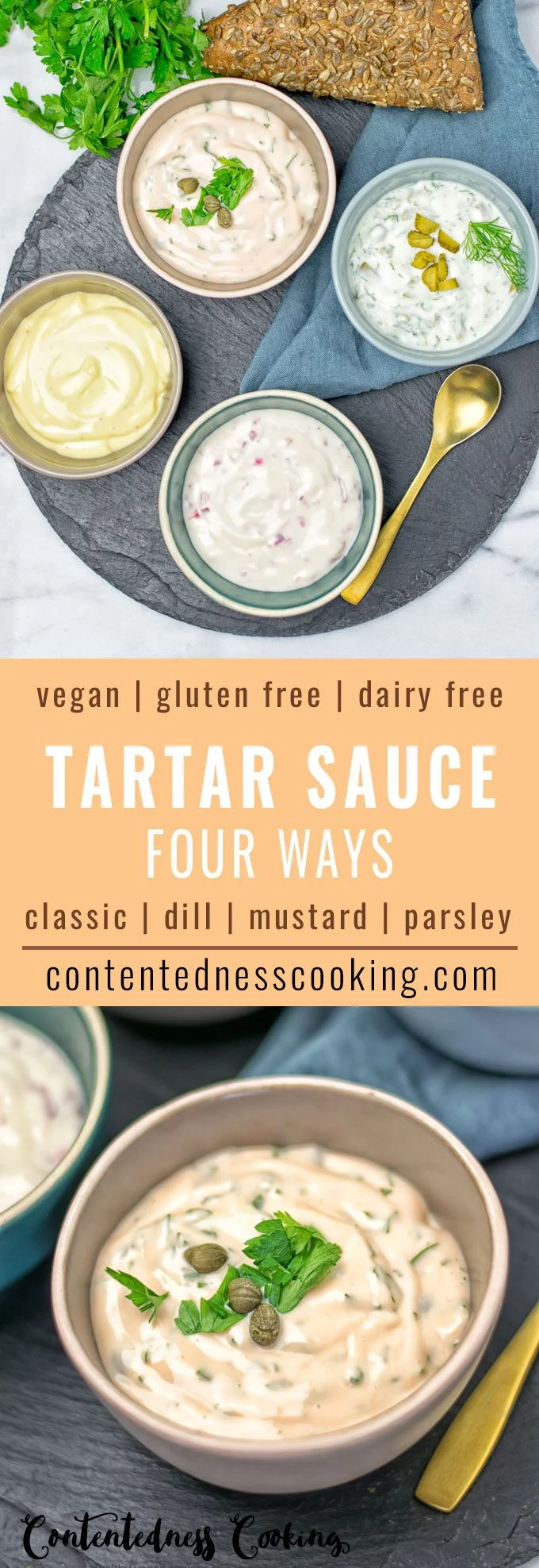 Collage of two pictures of the Vegan Tartar Sauce with recipe title text.