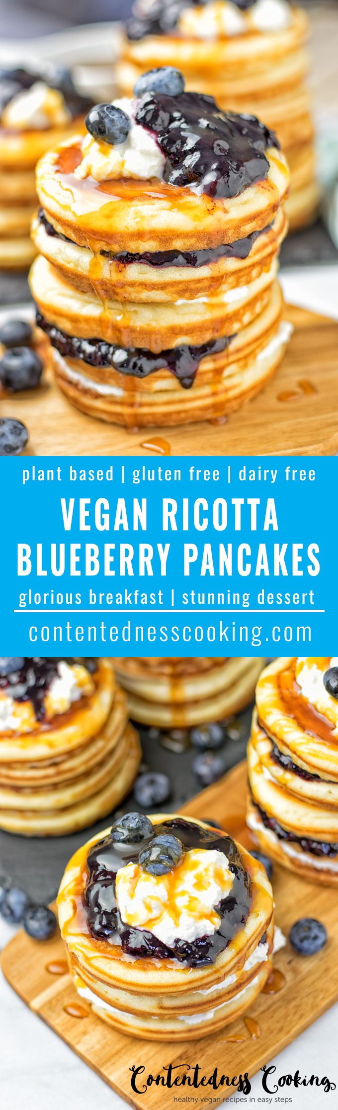 Collage of two pictures of Vegan Ricotta Blueberry Pancakes with recipe title text.