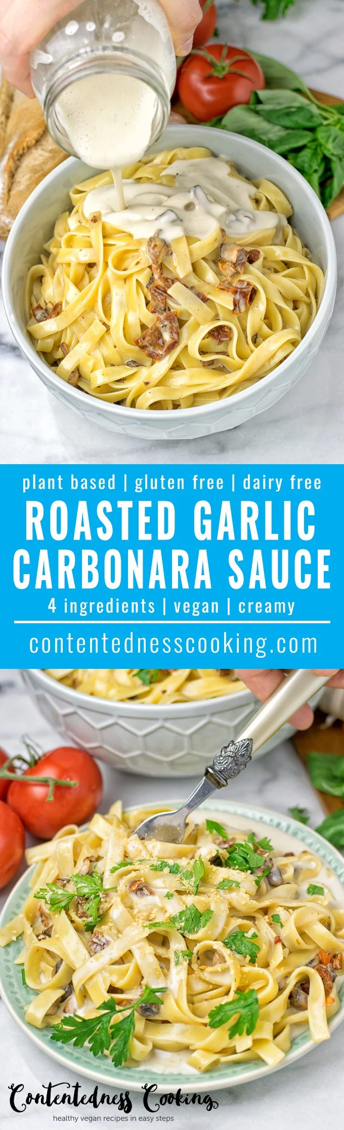 Collage of two pictures of the Roasted Garlic Carbonara Sauce with recipe title text.