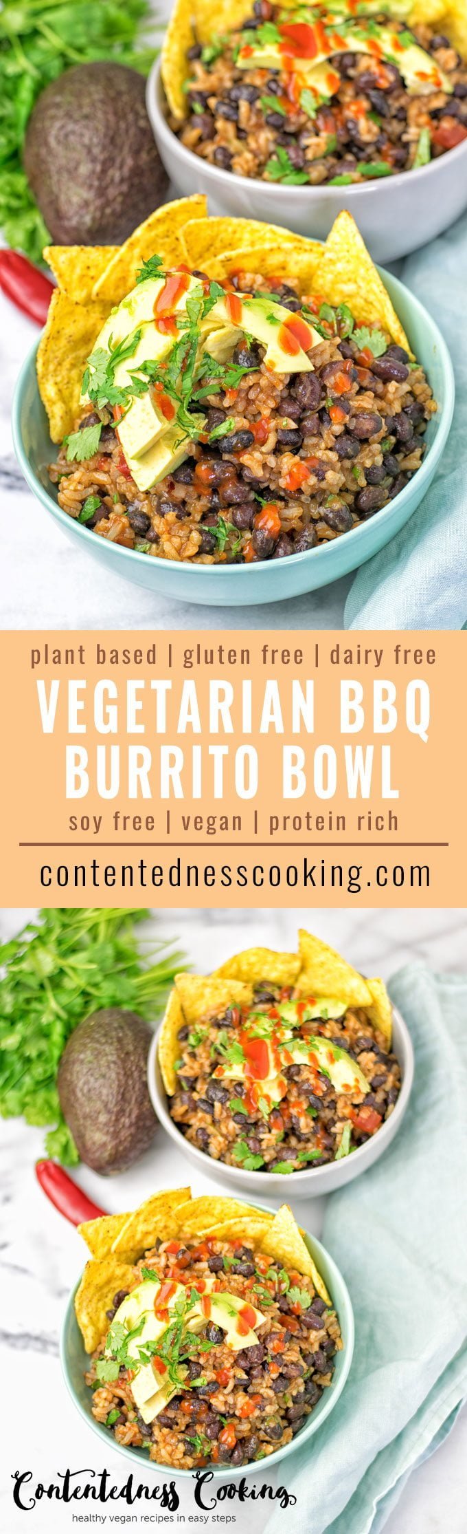 Collage of two pictures of the Vegetarian BBQ Burrito Bowl with recipe title text