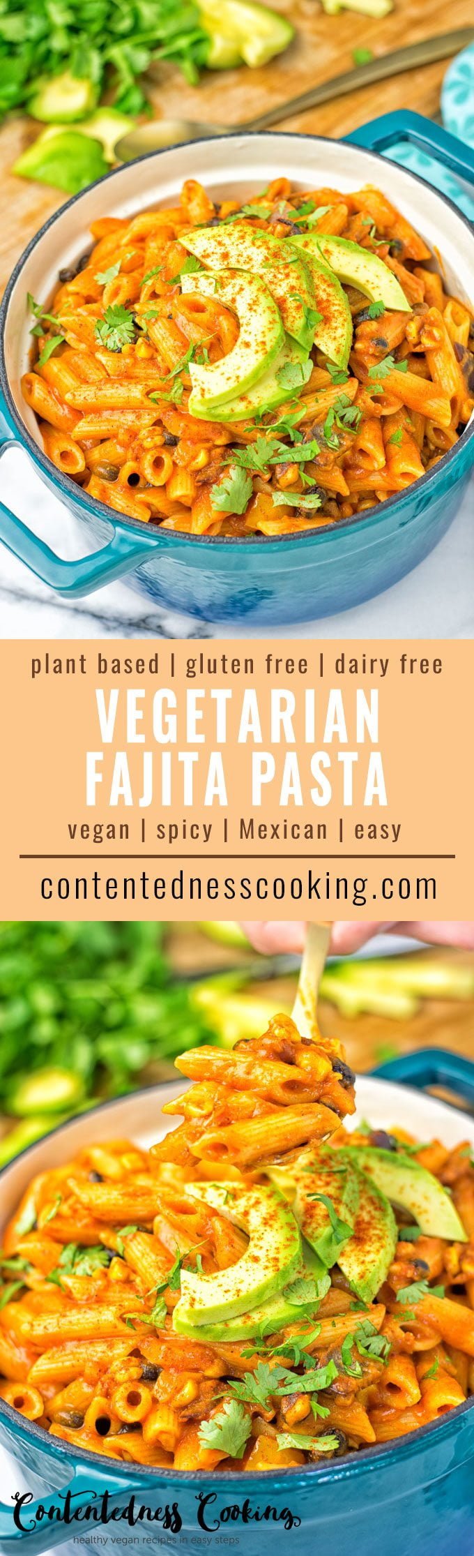Collage of two pictures of the Vegetarian Fajita Pasta with recipe title text.