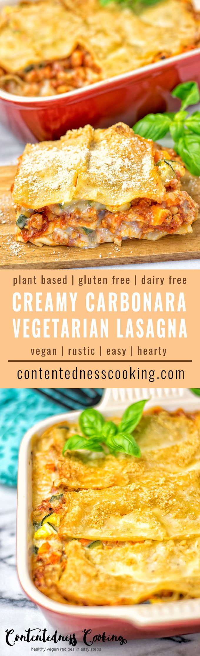 Collage of two pictures of the Creamy Carbonara Vegetarian Lasagna with recipe title text.