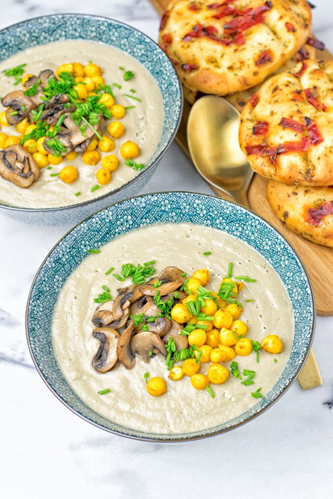 Closeup on the mushroom and chickpea topping.