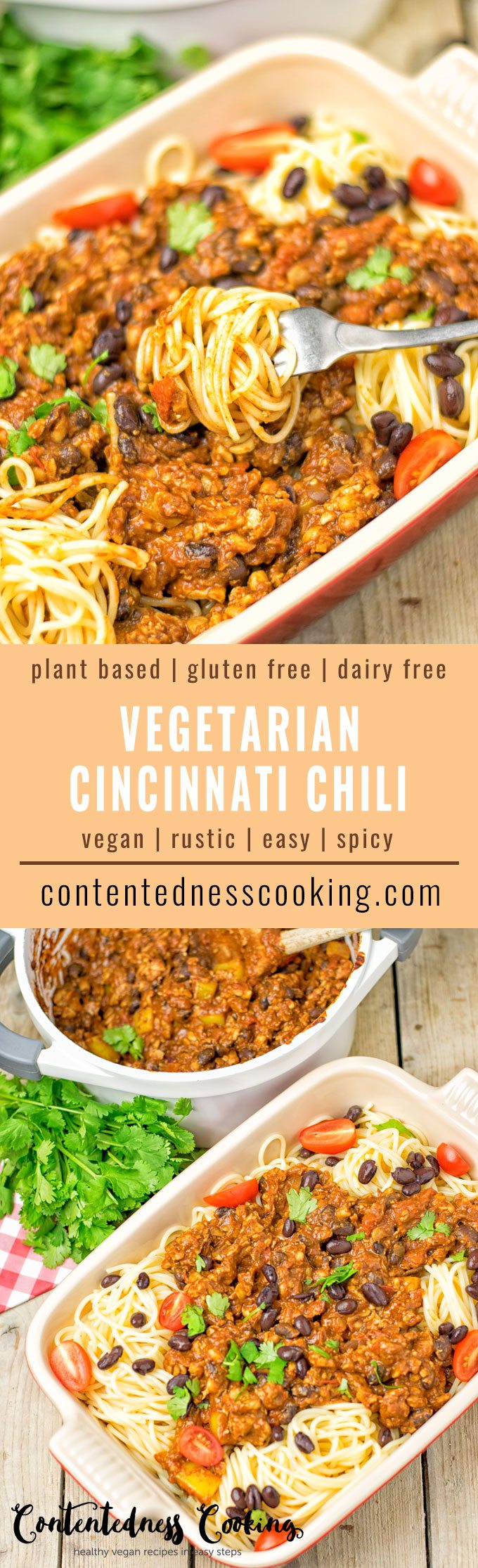 Collage of two pictures of the Vegetarian Cincinnati Chili with recipe title text.