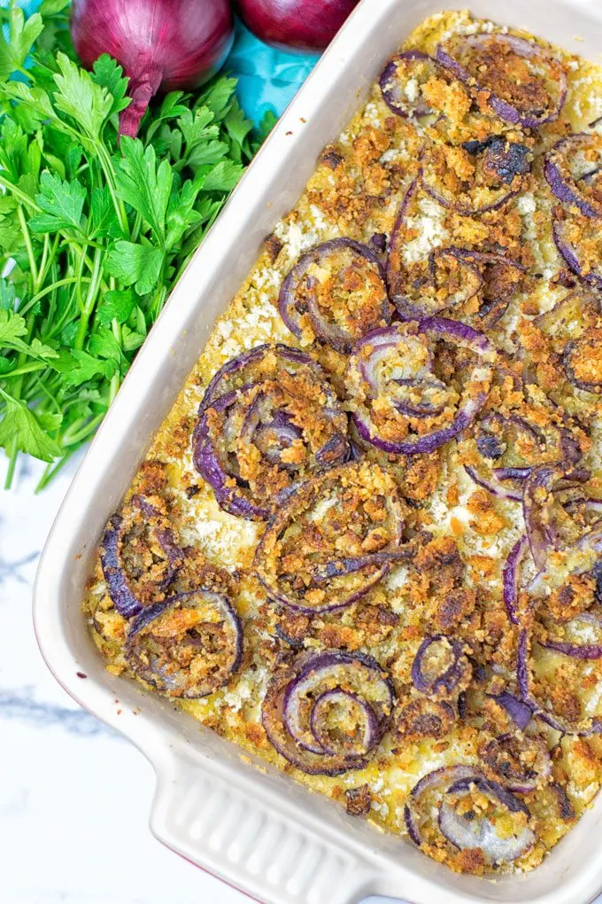 Closeup on the crunchy crust of this Chickpea Mash Green Bean Casserole