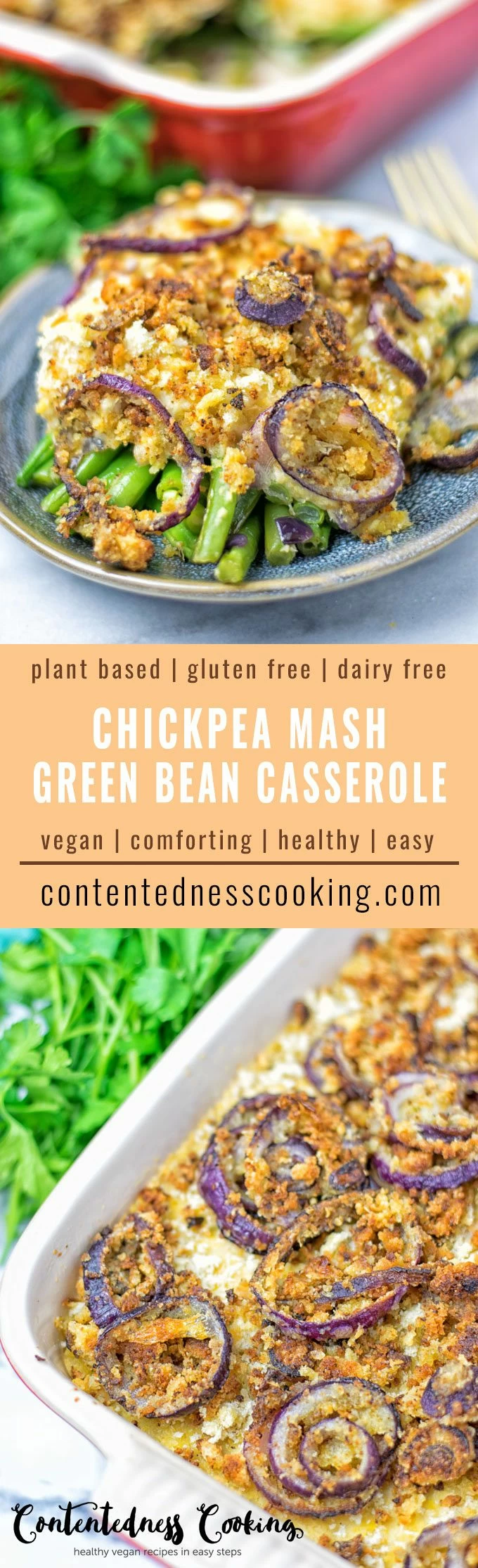 Collage of two pictures of this Chickpea Mash Green Bean Casserole with recipe title text.
