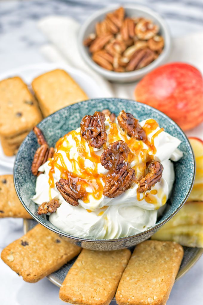 Salted Caramel Cream Cheese Dip in a blue bowl