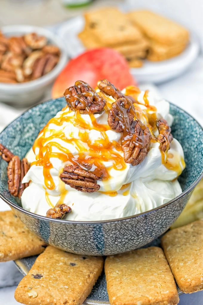 Closeup of the Salted Caramel Cream Cheese Dip in a bowl.