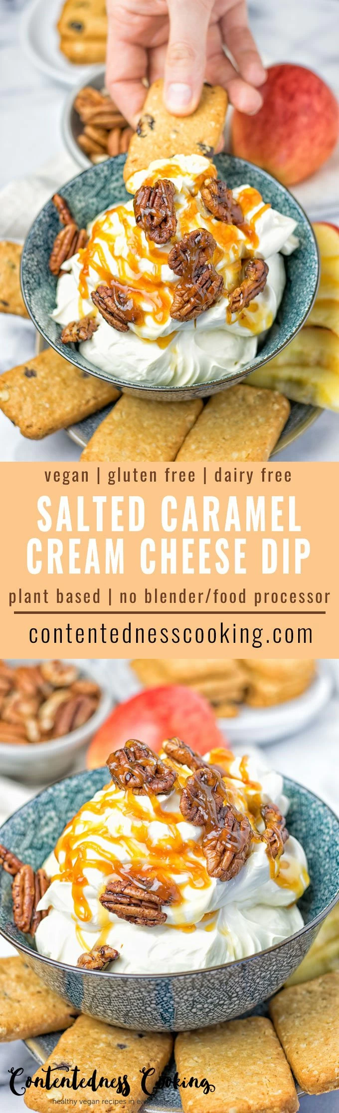 Collage of two pictures of the Salted Caramel Cream Cheese Dip with recipe title text.