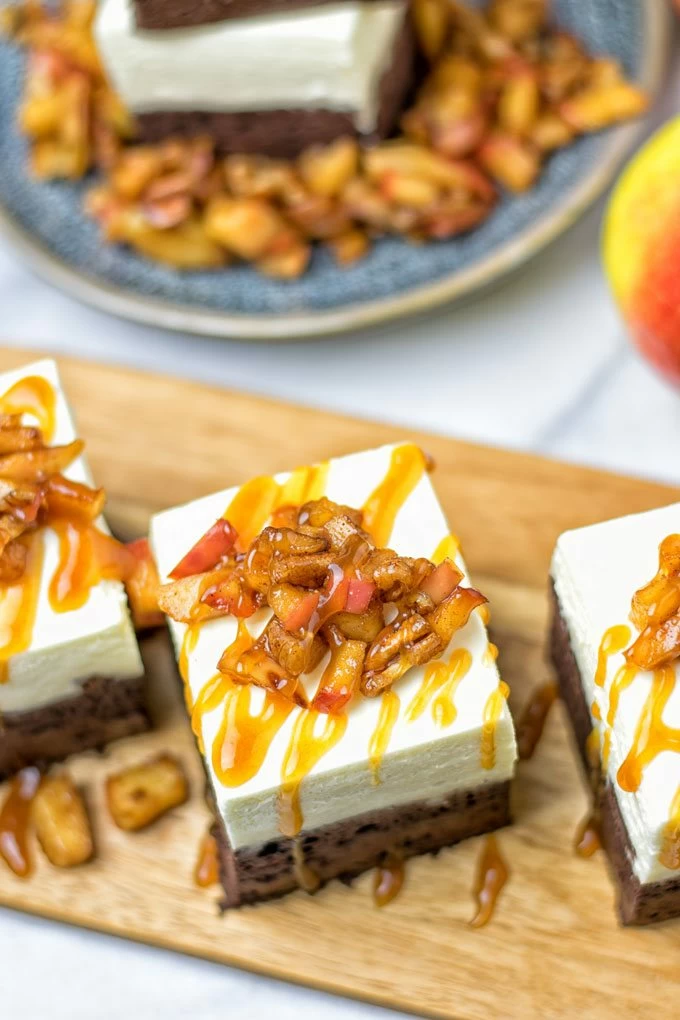 Closeup on the caramel apple topping of a single brownie