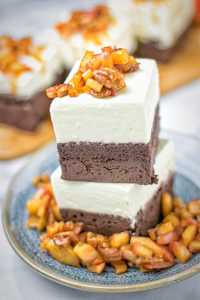 Stack of two brownies of a blue plate