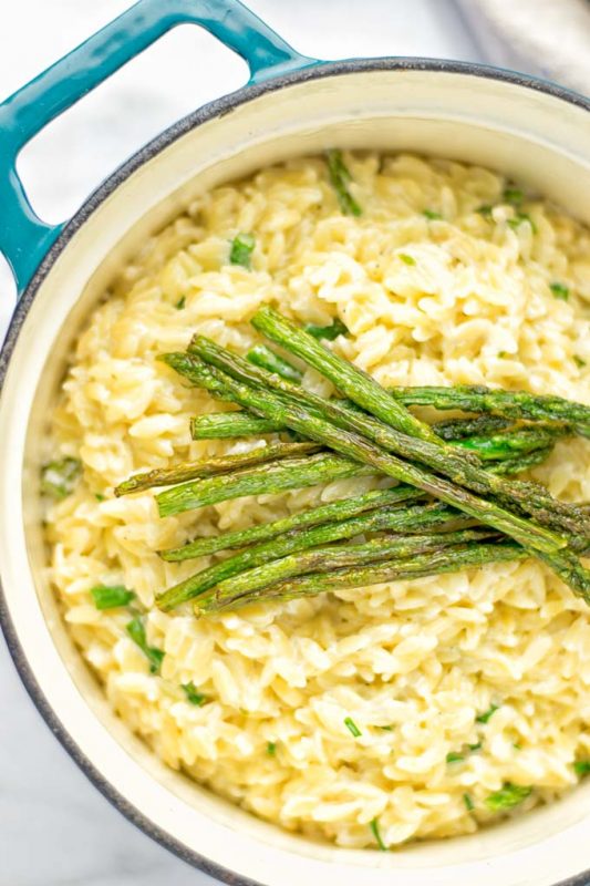 Creamy Asparagus Orzo with Garlic Parmesan Contentedness Cooking