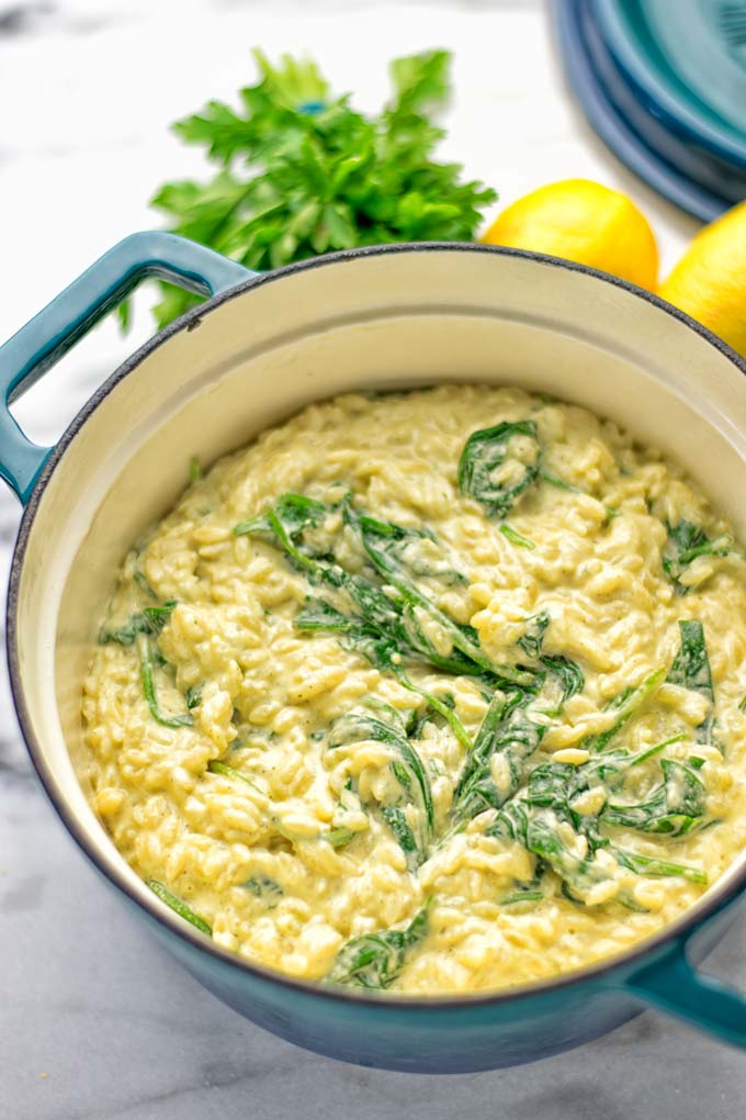 Creamy Spinach Orzo with Lemon Sauce | #vegan #glutenfree #contentednesscooking #plantbased #dairyfree