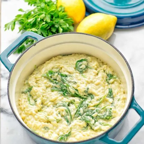 Creamy Spinach Orzo with Lemon Sauce | #vegan #glutenfree #contentednesscooking #plantbased #dairyfree