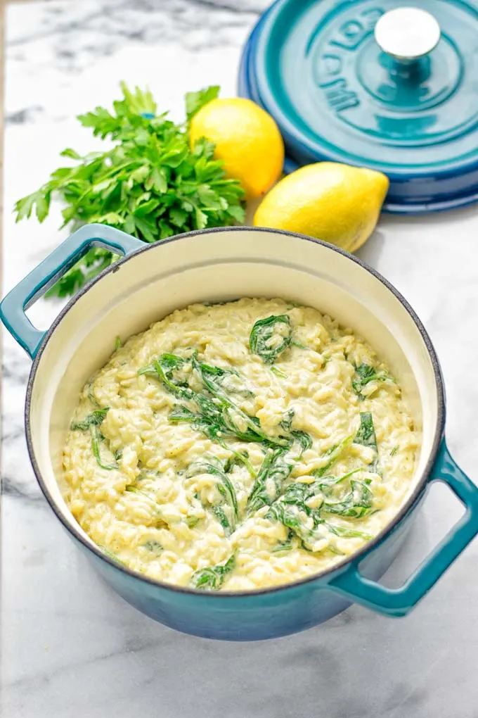 Creamy Spinach Orzo with Lemon Sauce | #vegan #glutenfree #contentednesscooking #plantbased #dairyfree