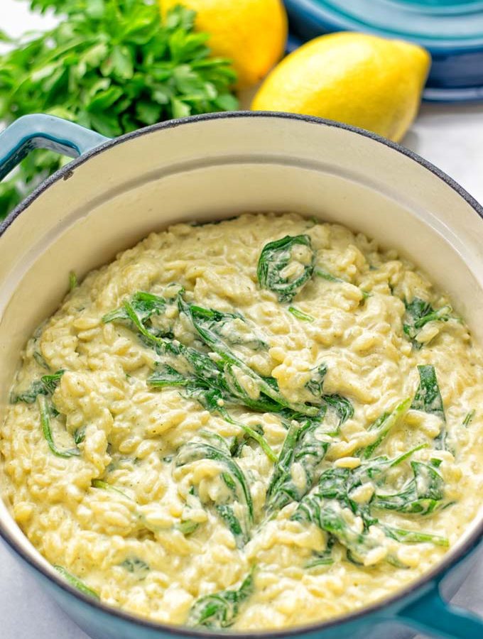 Creamy Spinach Orzo with Lemon Sauce | #vegan #glutenfree #contentednesscooking #plantbased #dairyfree
