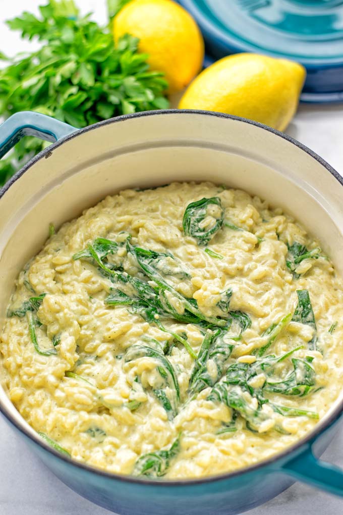 Creamy Spinach Orzo with Lemon Sauce | #vegan #glutenfree #contentednesscooking #plantbased #dairyfree