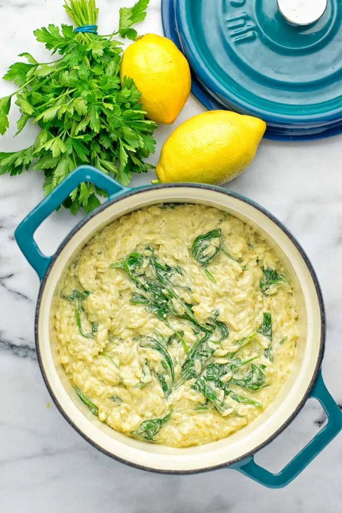 Creamy Spinach Orzo with Lemon Sauce | #vegan #glutenfree #contentednesscooking #plantbased #dairyfree