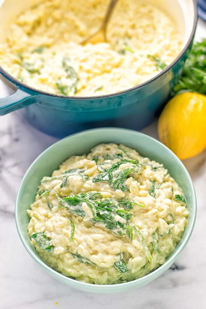 Creamy Spinach Orzo with Lemon Sauce | #vegan #glutenfree #contentednesscooking #plantbased #dairyfree