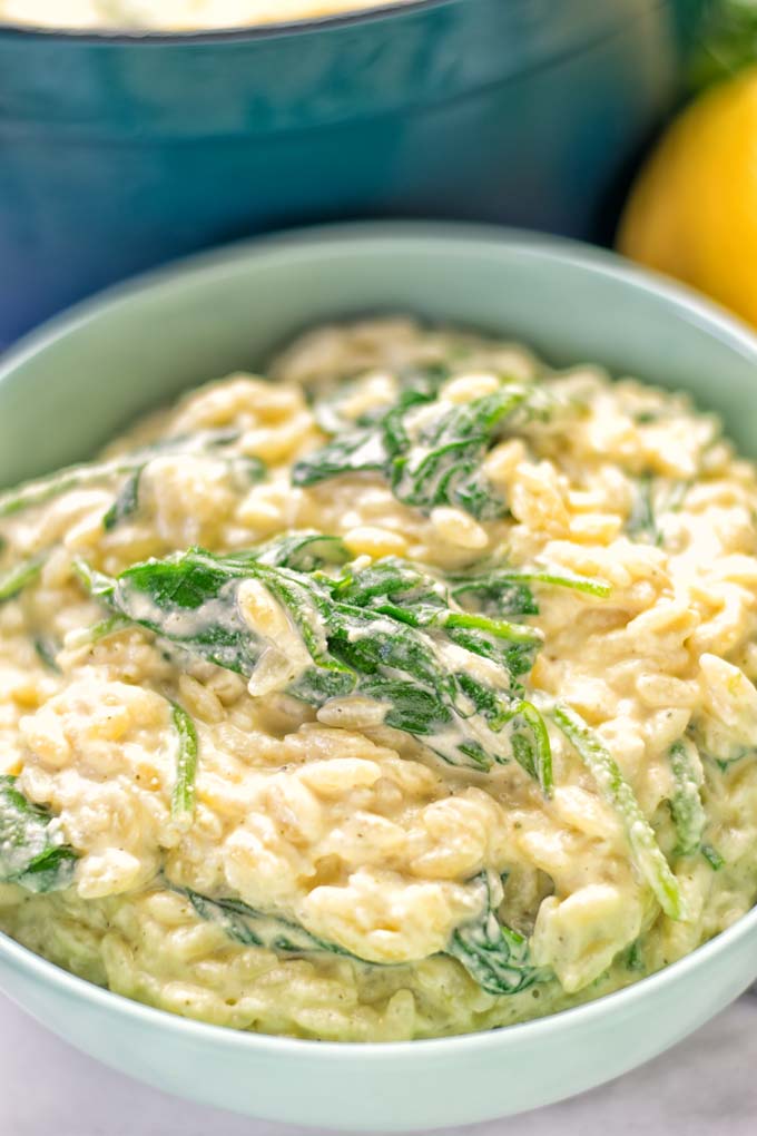 Creamy Spinach Orzo with Lemon Sauce | #vegan #glutenfree #contentednesscooking #plantbased #dairyfree