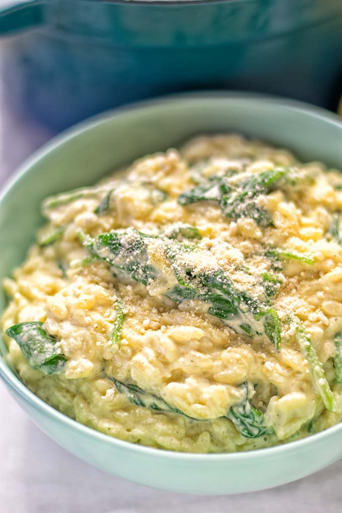 Creamy Spinach Orzo with Lemon Sauce | #vegan #glutenfree #contentednesscooking #plantbased #dairyfree