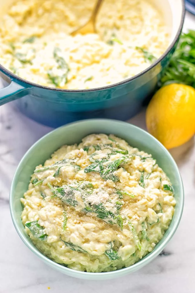 Creamy Spinach Orzo with Lemon Sauce | #vegan #glutenfree #contentednesscooking #plantbased #dairyfree