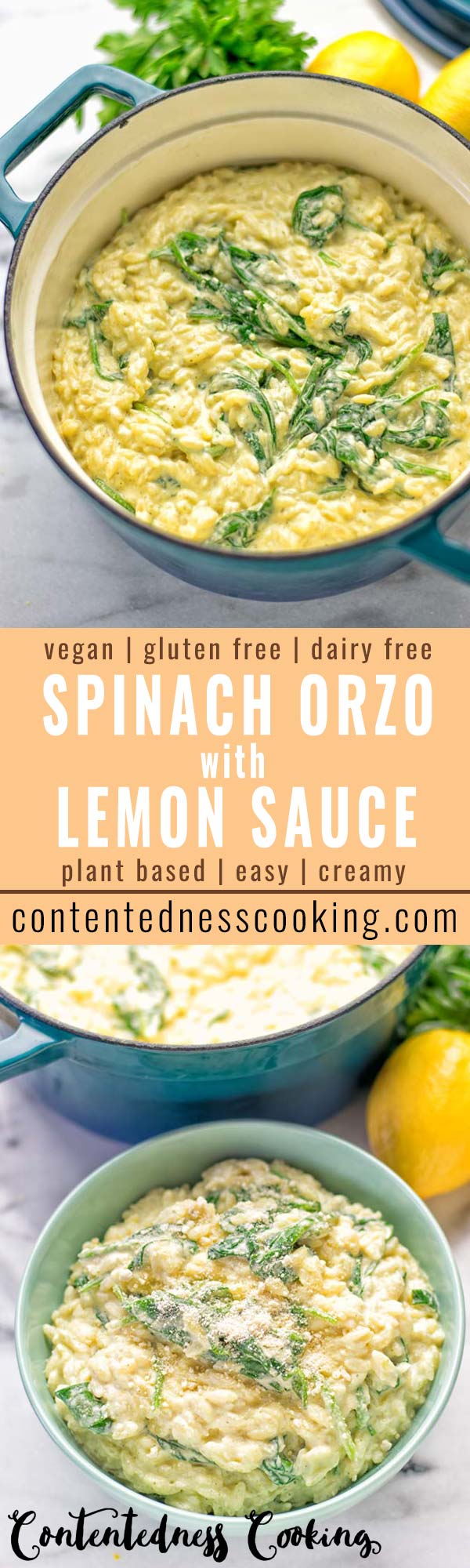Creamy Spinach Orzo with Lemon Sauce | #vegan #glutenfree #contentednesscooking #plantbased #dairyfree