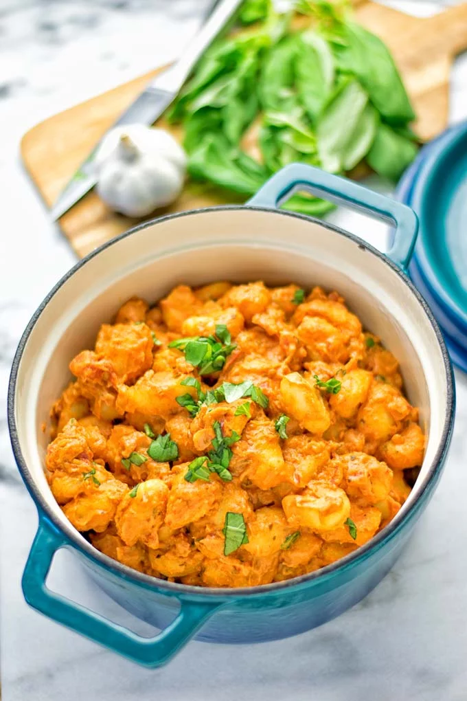 Gnocchi with Garlic Cream Tomato Sauce | #vegan #glutenfree #contentednesscooking #creamy #tahini