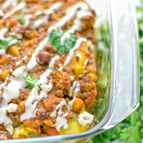 Moroccan Chickpea Lentil Potato Casserole | #vegan #glutenfree #contentednesscooking #moroccan #potato #casserole