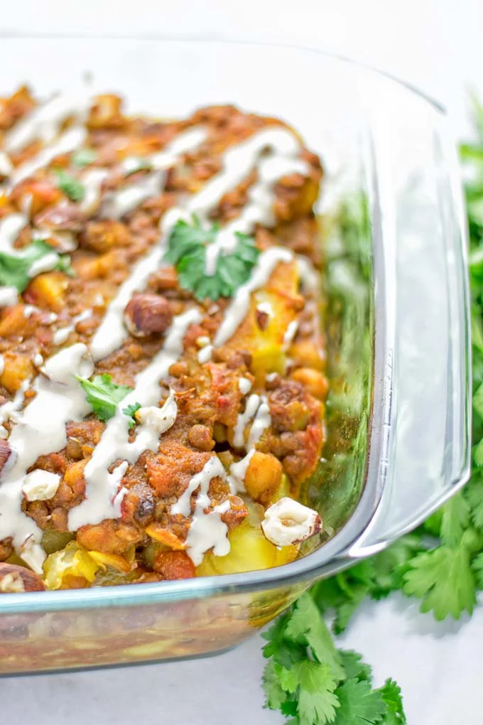 Moroccan Chickpea Lentil Potato Casserole | #vegan #glutenfree #contentednesscooking #moroccan #potato #casserole