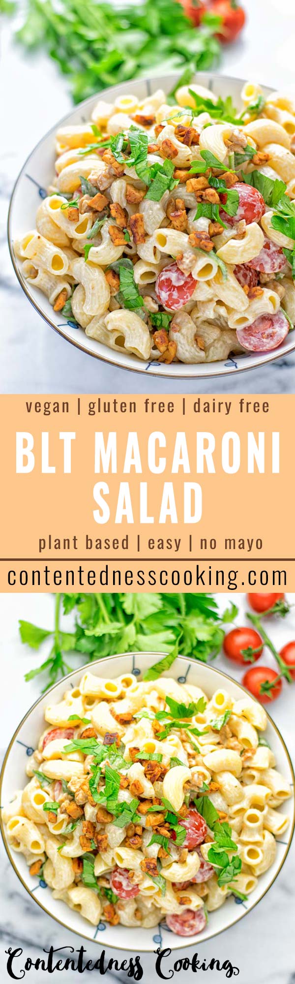 Incredibly easy and insanely delicious: This BLT macaroni salad is entirely vegan, gluten free and made with no mayo. It’s an amazing dinner, lunch or perfect for potlucks and parties. A great dairy free alternative for work lunch, meal prep and a winning combo for a bbq side dish. The ultimate comfort food super easy to make with all the best flavors. Try it now. #vegan #glutenfree #vegetarian #dairyfree #contentednesscooking #blt #pasta #salad #mealprep #worklunch #easyfood #budgetfriendly
