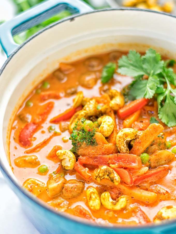 Vegetable Panang Curry is an easy vegan and gluten free one pot dish. Totally amazing for lunch or dinner, and a perfect choice for meal prep. #vegan #plantbased #Indian #dairyfree #curry #panang #mealprep #lunch #dinner