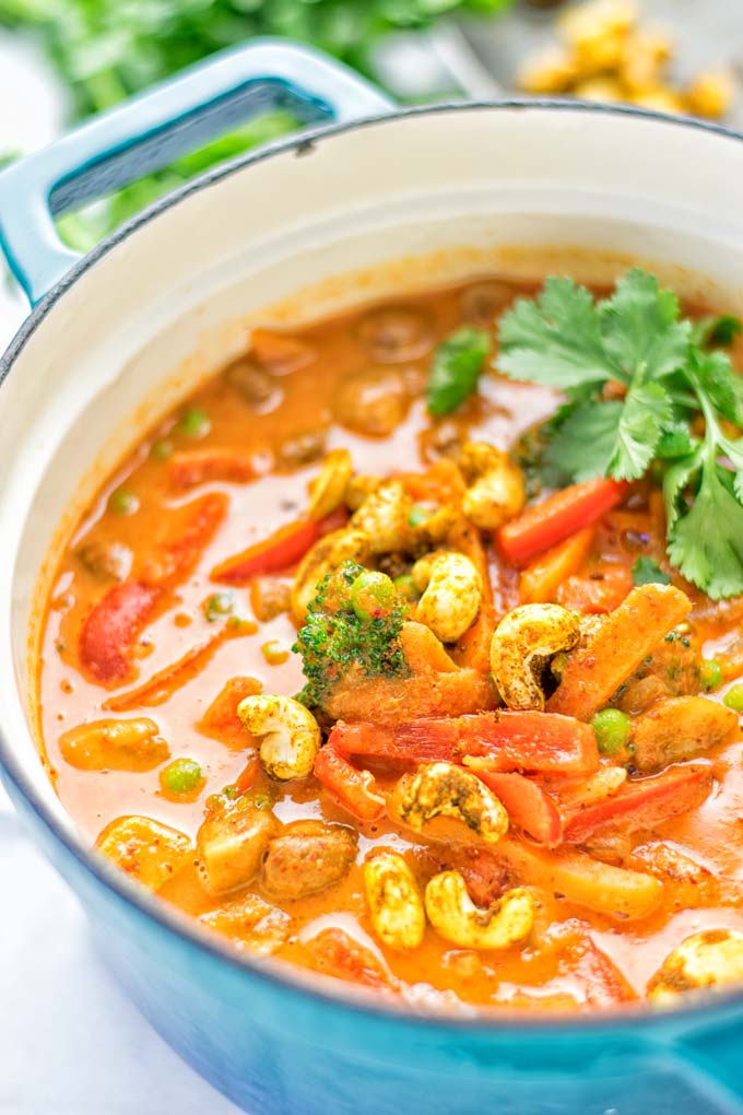 Vegetable Panang Curry is an easy vegan and gluten free one pot dish. Totally amazing for lunch or dinner, and a perfect choice for meal prep. #vegan #plantbased #Indian #dairyfree #curry #panang #mealprep #lunch #dinner