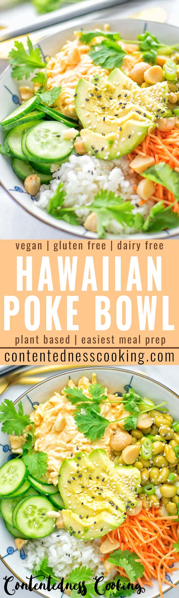 Easy and delicious: This Hawaiian Poke Bowl is naturally vegan, gluten free. Made with sushi rice, an amazing white cabbage mix with creamy sriracha sauce and edamame for protein richness. You can add options like shredded carrots, seaweed flakes, and more to build your dream bowl. Try it now and enjoy for lunch, dinner, meal prep! #vegan #glutenfree #vegetarian #dairyfree #contentednesscooking #dinner #lunch #pokebowl #hawaiianfood #easyfood #mealprep #budgetmeals #worklunchideas #bowlrecipes