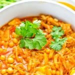 One pot and super easy to make: This Spicy Mango Jackfruit Curry is a winning combo for. Vegan, gluten free. An amazing dinner, lunch, meal prep, work lunch and more. Only one pot is required and in 15 minutes this great dairy free alternative is on the the table. Try it now and wow everyone! #vegan #glutenfree #vegetarian #dairyfree #jackfruit #curry #mango #onepot #mealprep #worklunhideas #lunch #dinner #easyfood #budgetmeals #contentednesscooking #15minuteveganmeals #familyveganmeals